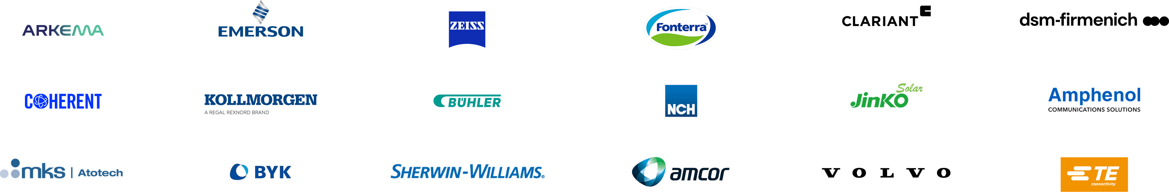 Customer logos including Arkema, Emerson, ZEISS, Fonterra, Clariant, dsm-firmenich, Coherent, Kollmorgen, Buhler, NCH, Jinko Solar, Amphenol, MKS Atotech, BYK, Sherwin-Williams, Amcor, Volvo, and TE Connectivity